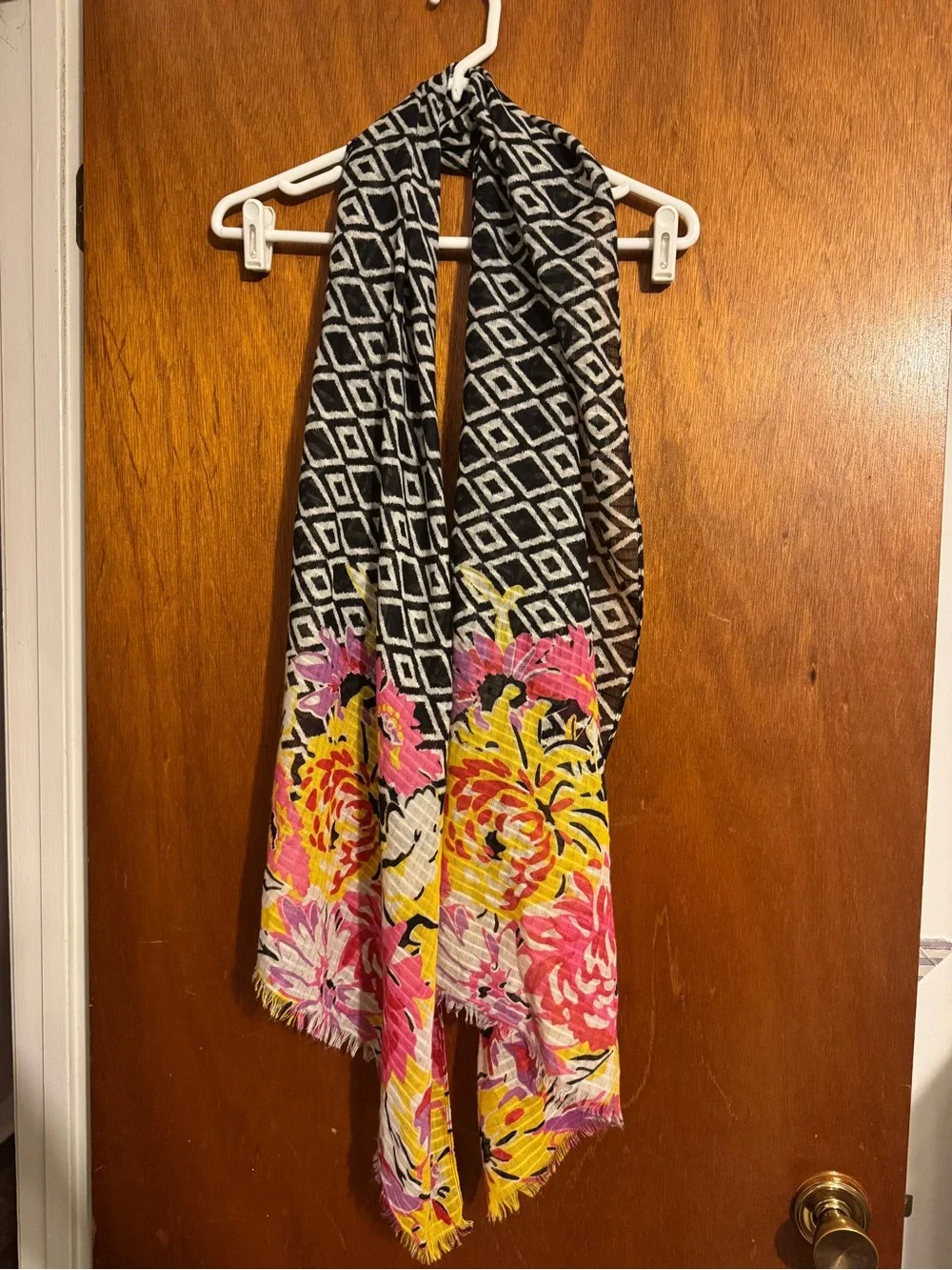Black Geometric Scarf with Pink and Yellow Floral Border 23” x 71”
